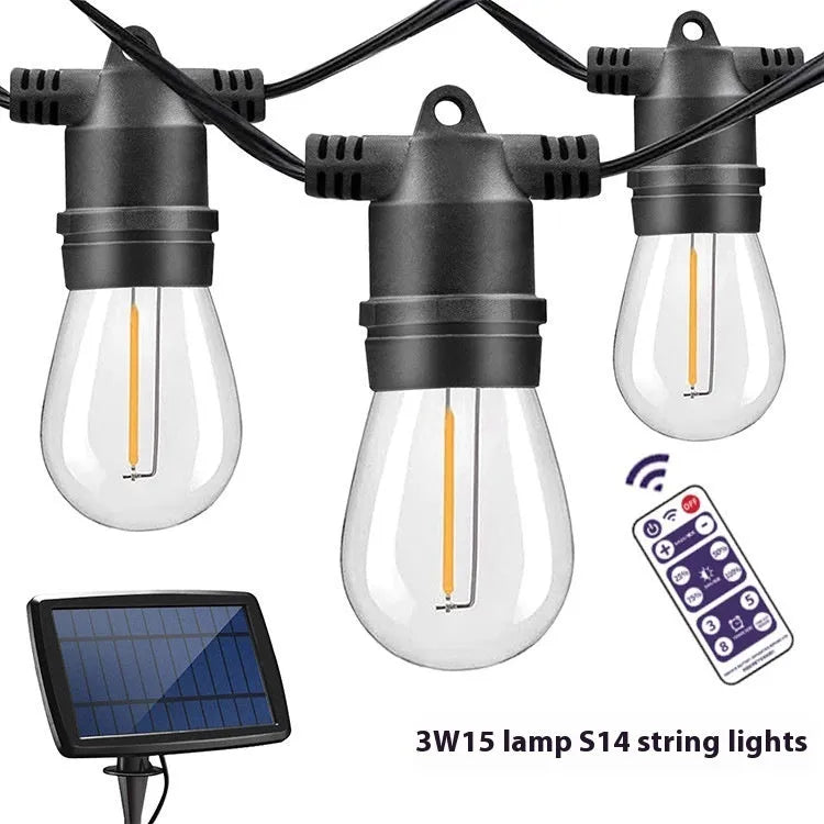 Waterproof solar-powered LED string lights with PVC bulbs in an outdoor garden setting.