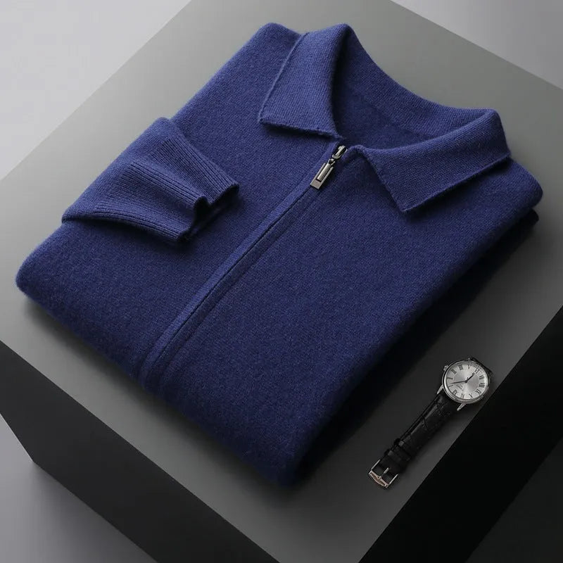 Pure wool men's cardigan with turn-down collar, knitted build, available in camel colour