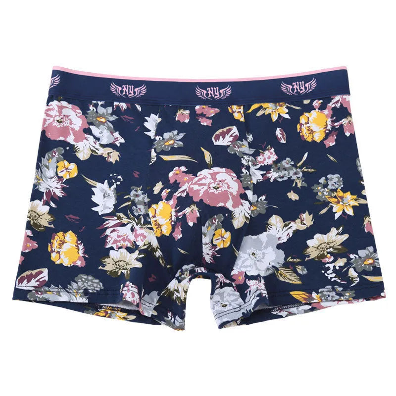 Men's purified cotton boxer shorts with floral pattern and U-shaped convex design in extended sizes