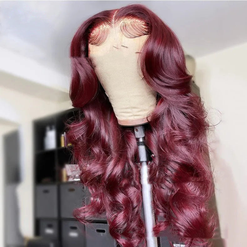 Front lace synthetic wig long curly wine red hair with medium points cap and long bangs