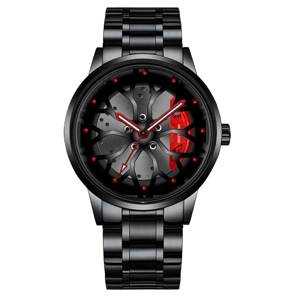 Men's waterproof luminous quartz watch with black steel red colour and 12mm stainless steel case on a white background