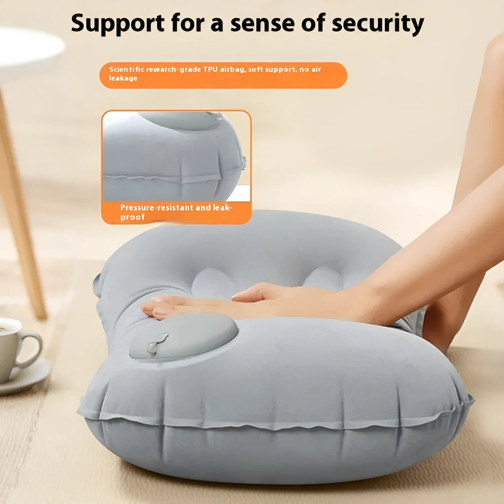 Inflatable travel pillow in flocked gray, navy blue, peacock green or pink colour measuring 45x30x13cm