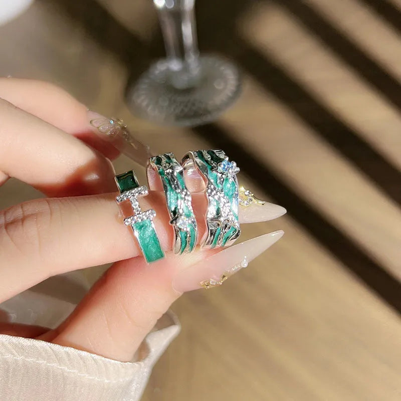 Mint green enamel asterism ring with folded copper construction and dripping oil treatment
