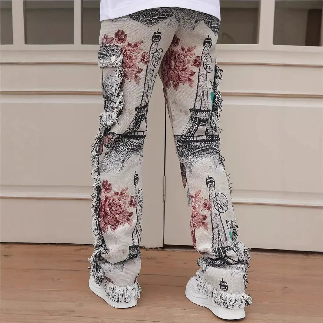 Men's slim fit denim trousers with digital animal print pattern on cotton fabric