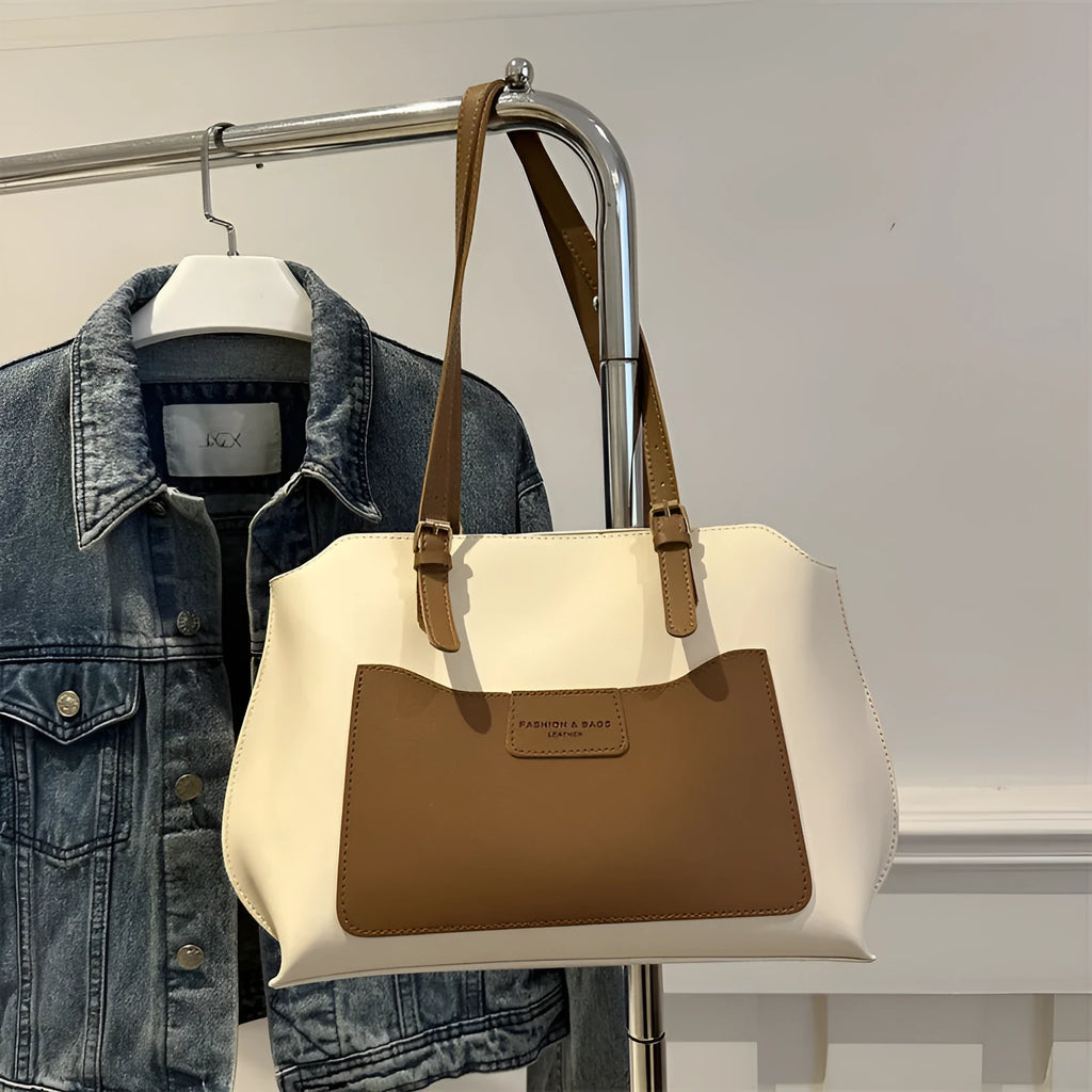 Horizontal square PU tote bag with sandwich pocket and double shoulder straps in neutral colour