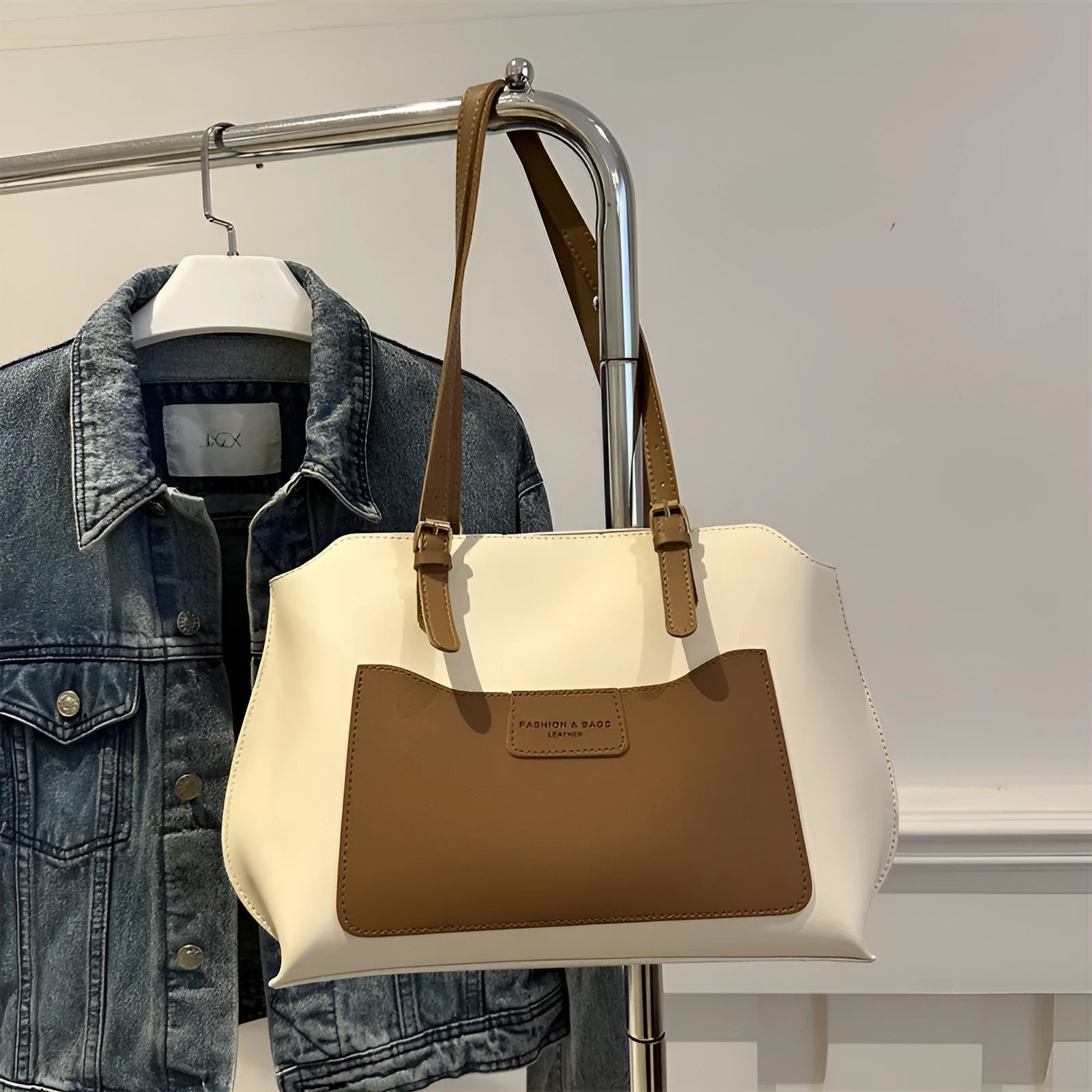 Horizontal square PU tote bag with sandwich pocket and double shoulder straps in neutral colour