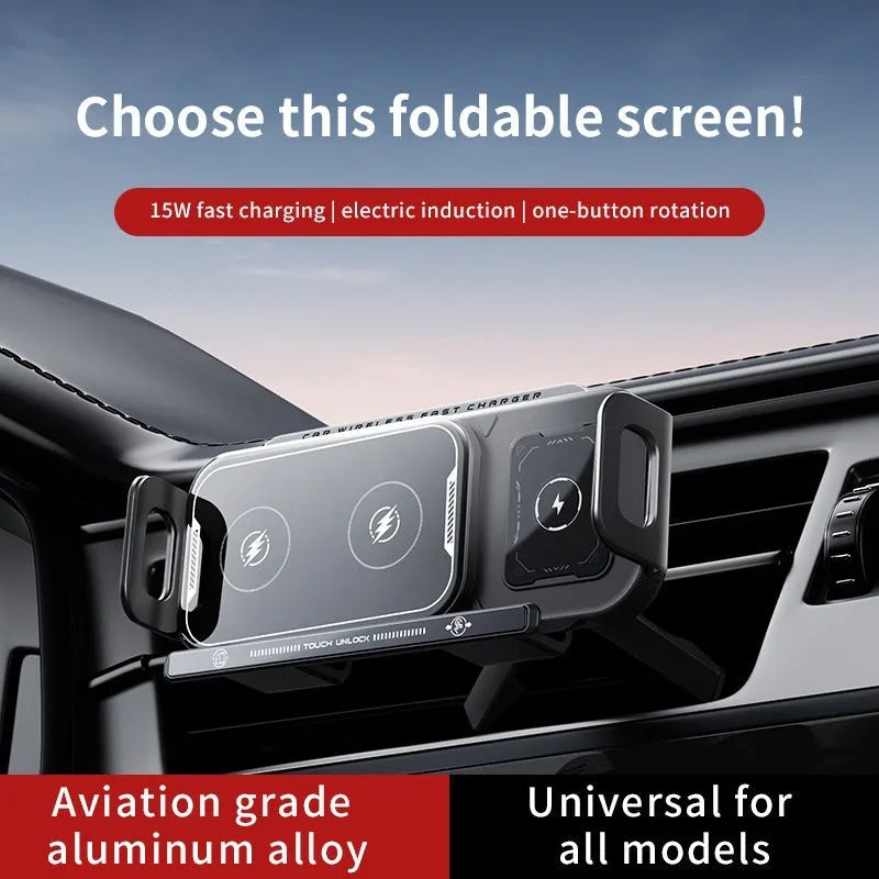 Foldable screen mobile phone car support wireless charger in black with Z1 base