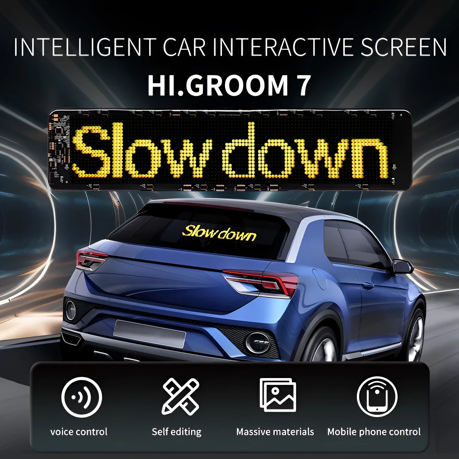 LED smart bumper stickers expression screen showing 110mm x 492mm display with mobile phone connectivity