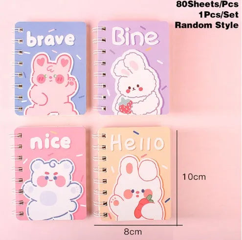 Student flip coil notebook with cloth cover, 105x80mm dimensions, screw binding, and carry-on pocket
