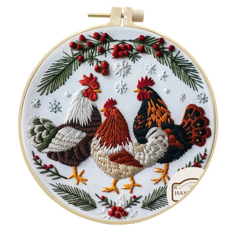 Handmade cloth art material kit with cotton and linen chicken embroidery fabric and 15cm bamboo frame option