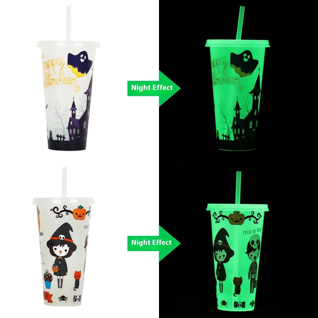 720ml plastic sippy cup with luminous Halloween straw, cylindrical design in various colours