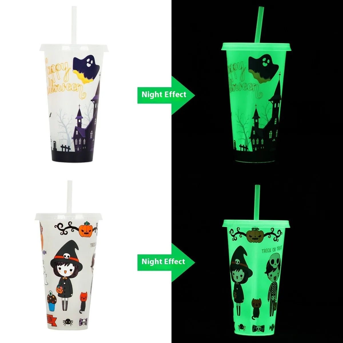 720ml plastic sippy cup with luminous Halloween straw, cylindrical design in various colours