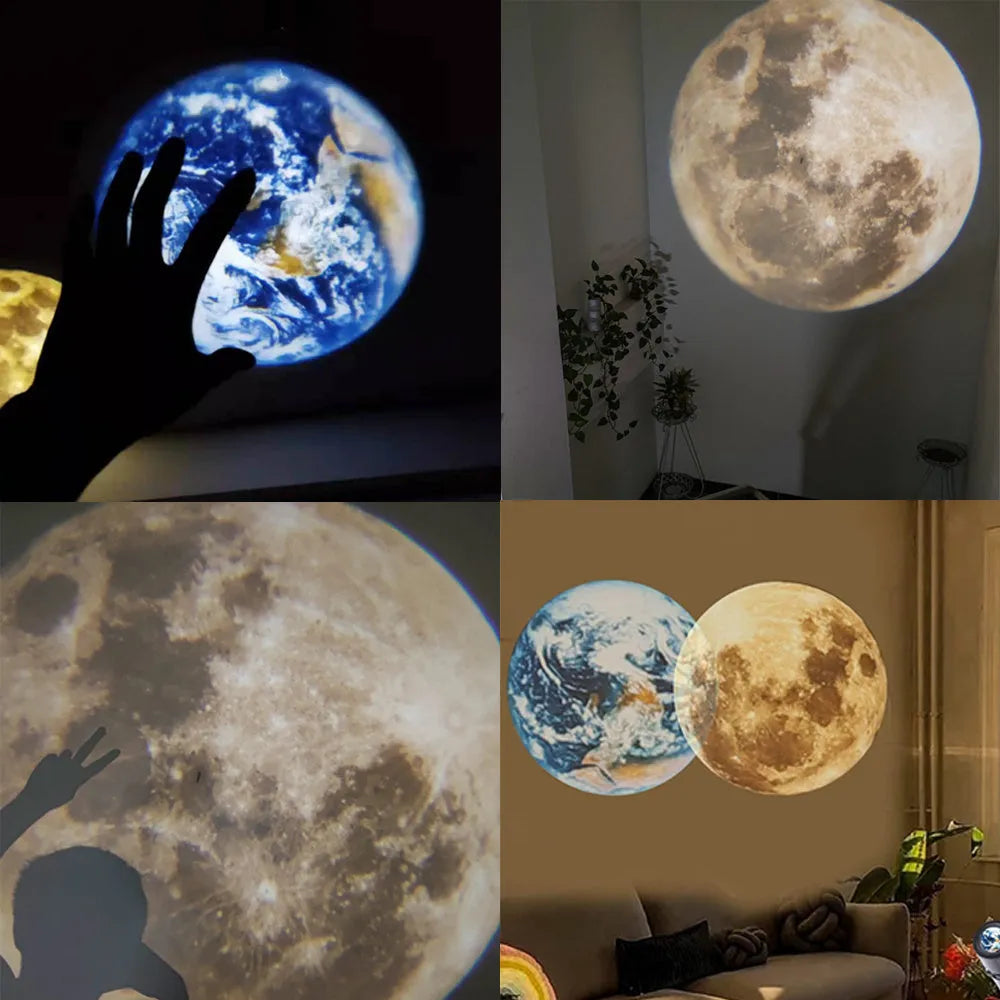 Earth and moon star projection lamp with adjustable hose bracket on a bedside table