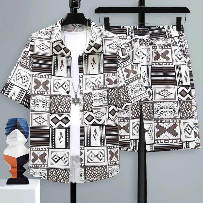 Men's casual polyester shorts two-piece set with short sleeve top in assorted colours