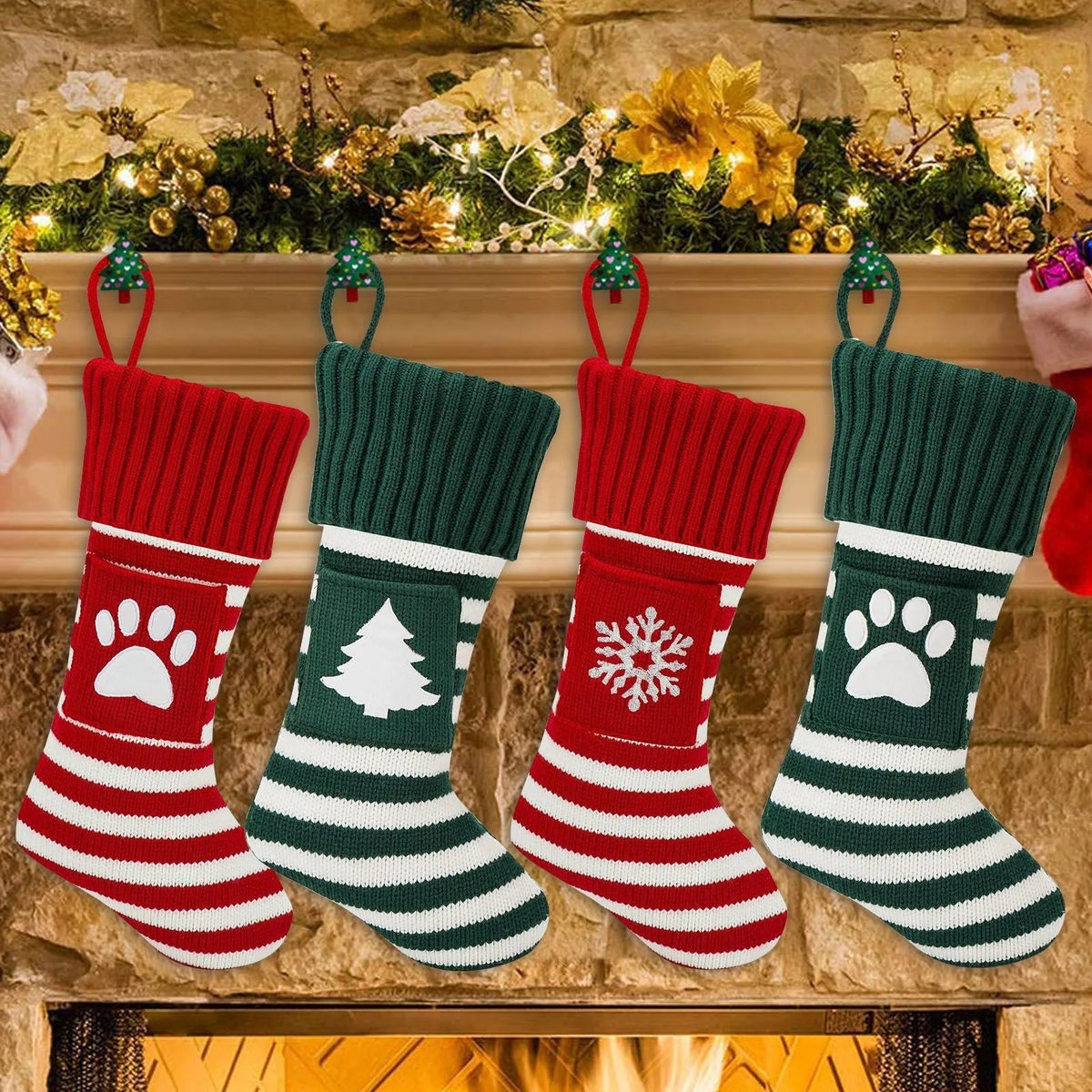 Christmas knitted cat and dog socks gift bag with red snowflake design on a festive background