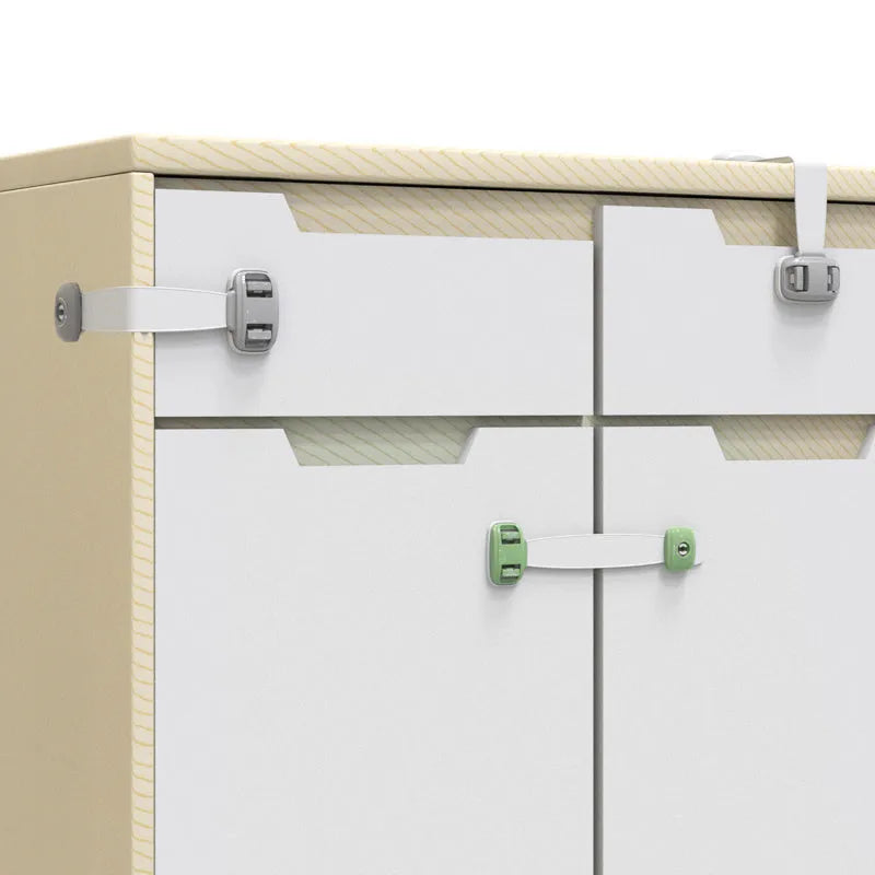 Adjustable child safety cabinet lock strap with 3M adhesive backing in grey colour