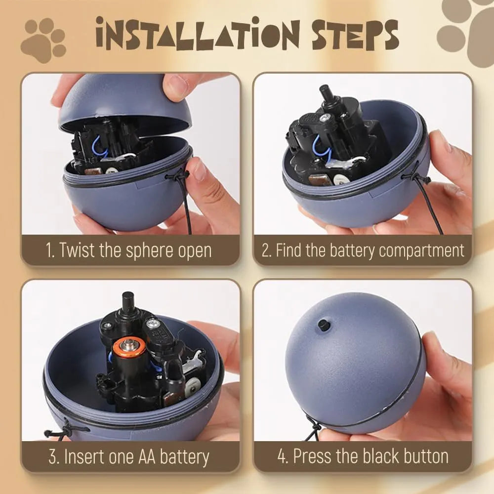 Blue and orange automatic rolling ball pet toy for cats and dogs on a wooden floor.
