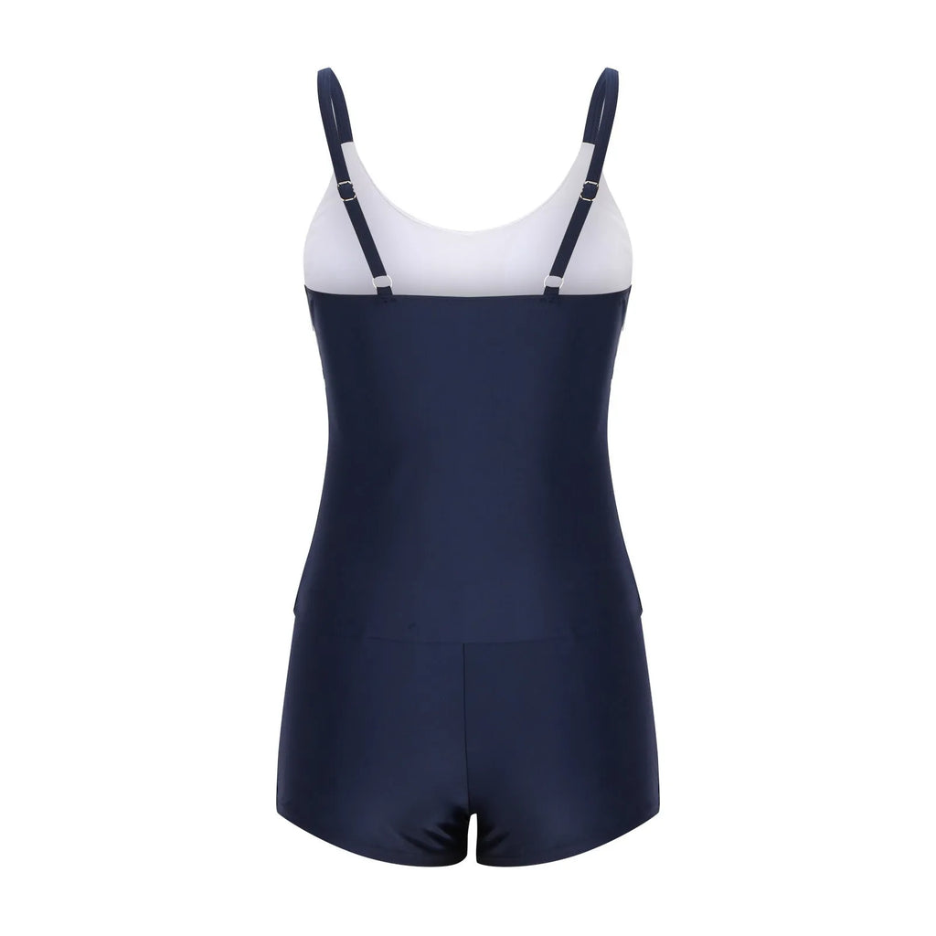 Conservative stripe swimsuit with boyshorts split leg design showing modest swimwear coverage