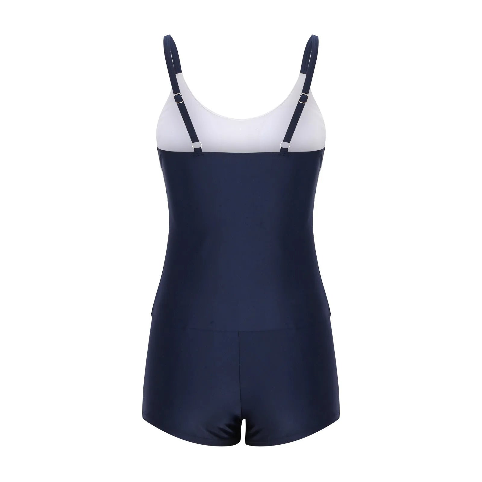 Conservative stripe swimsuit with boyshorts split leg design showing modest swimwear coverage