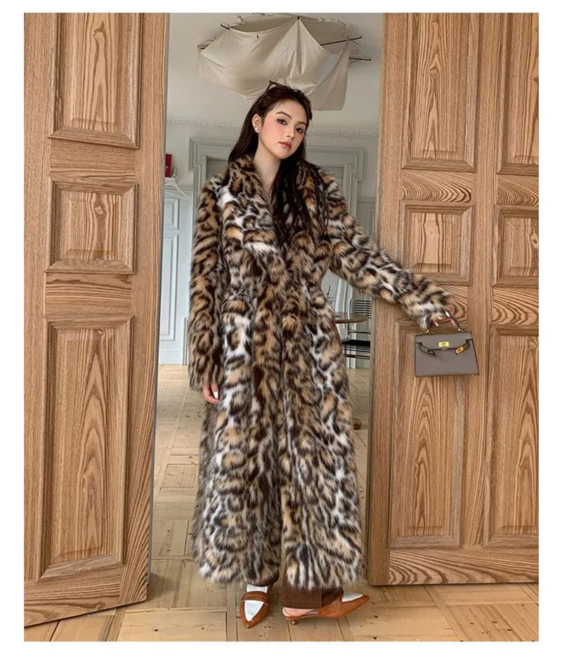 A long faux fur coat in street fashion style with a fur collar and pockets.