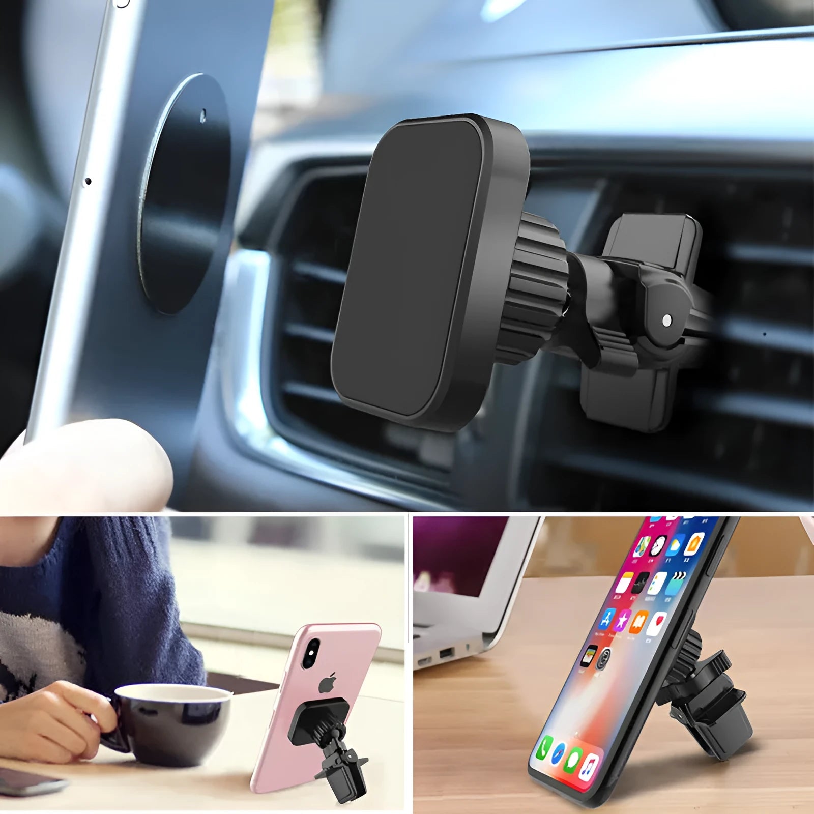 Black magnetic car air vent phone holder attached to vehicle air conditioning outlet