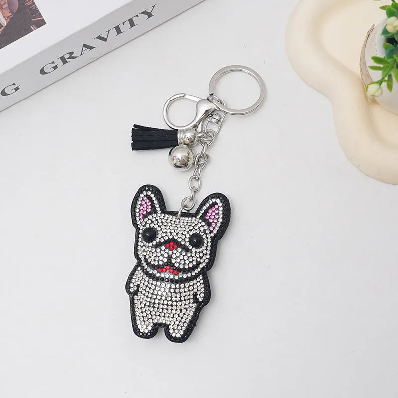 French dog rhinestone keychain with cartoon animal design and metallic electroplated finish