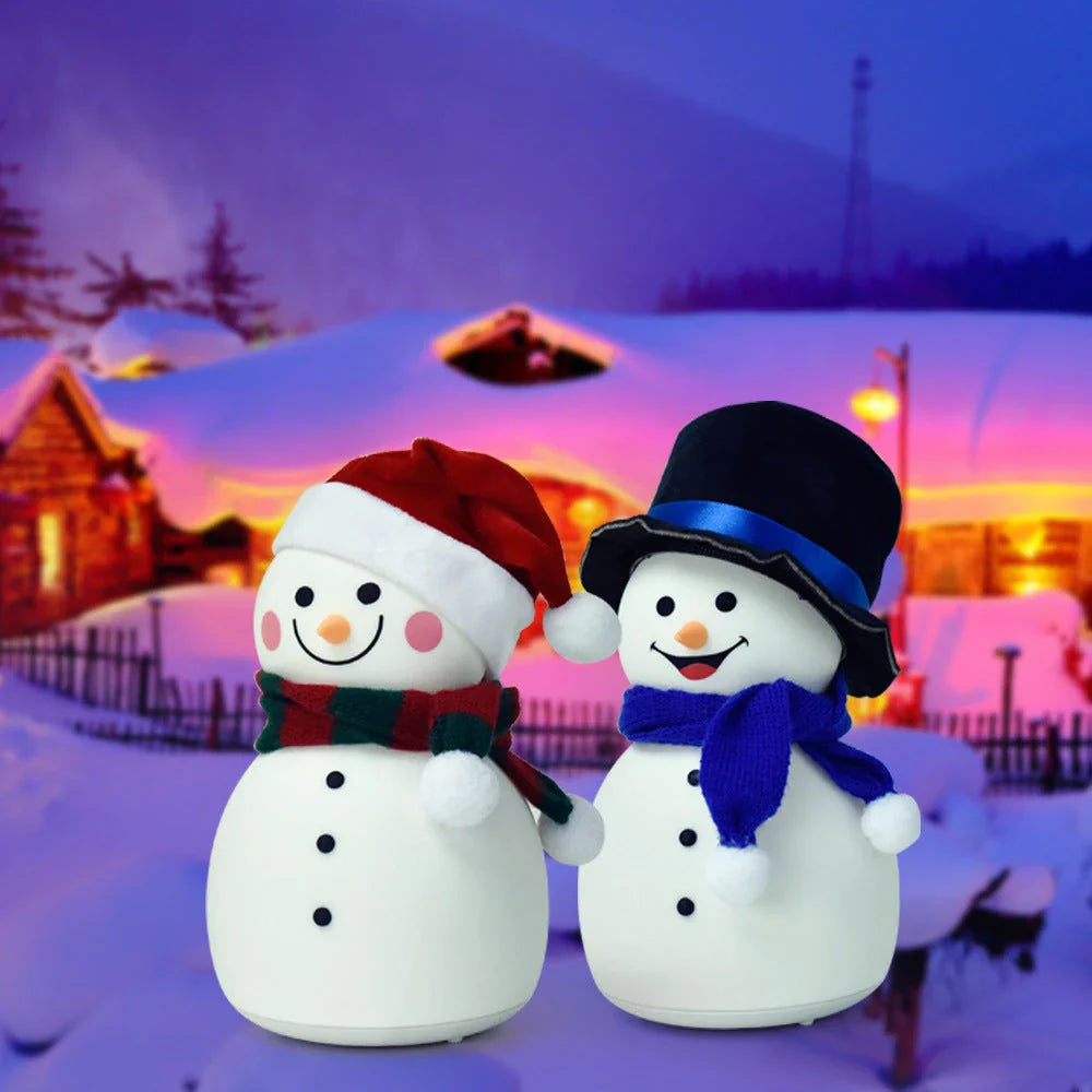 Snowman-shaped rechargeable night light with seven color-changing modes, portable and durable silicone construction