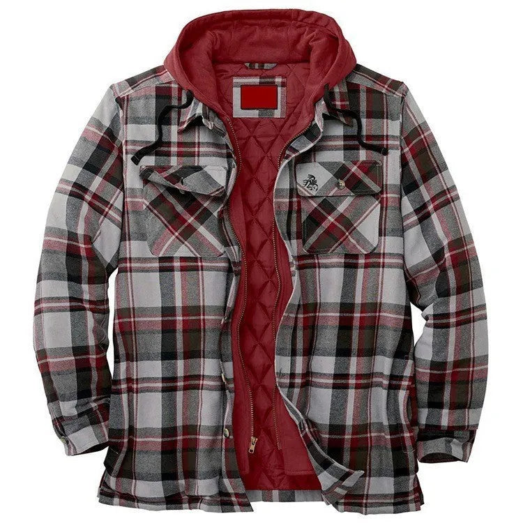 Men's thickened plaid hooded cardigan, loose fit, cotton lining, available in multiple colours and sizes S-5XL
