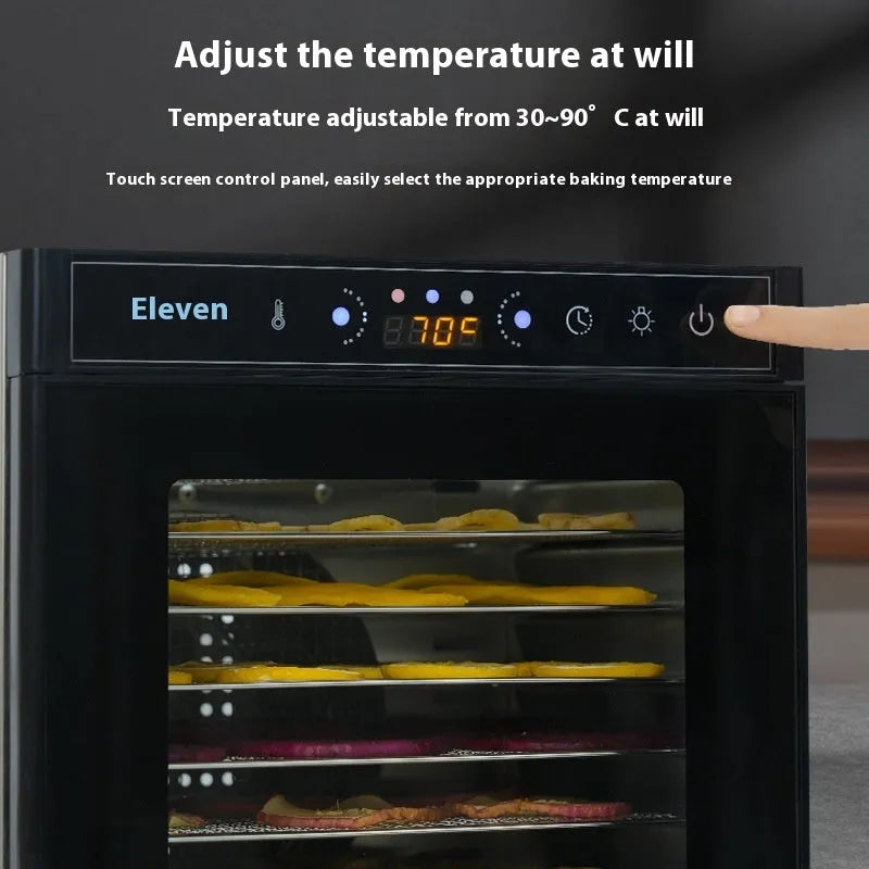 Stainless steel fruit dehydrator appliance with a visual skylight lid and multiple drying trays