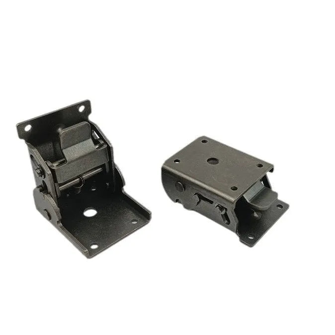 Adjustable 0-90 degree invisible self-locking furniture corner hinge in various electroplated finishes.