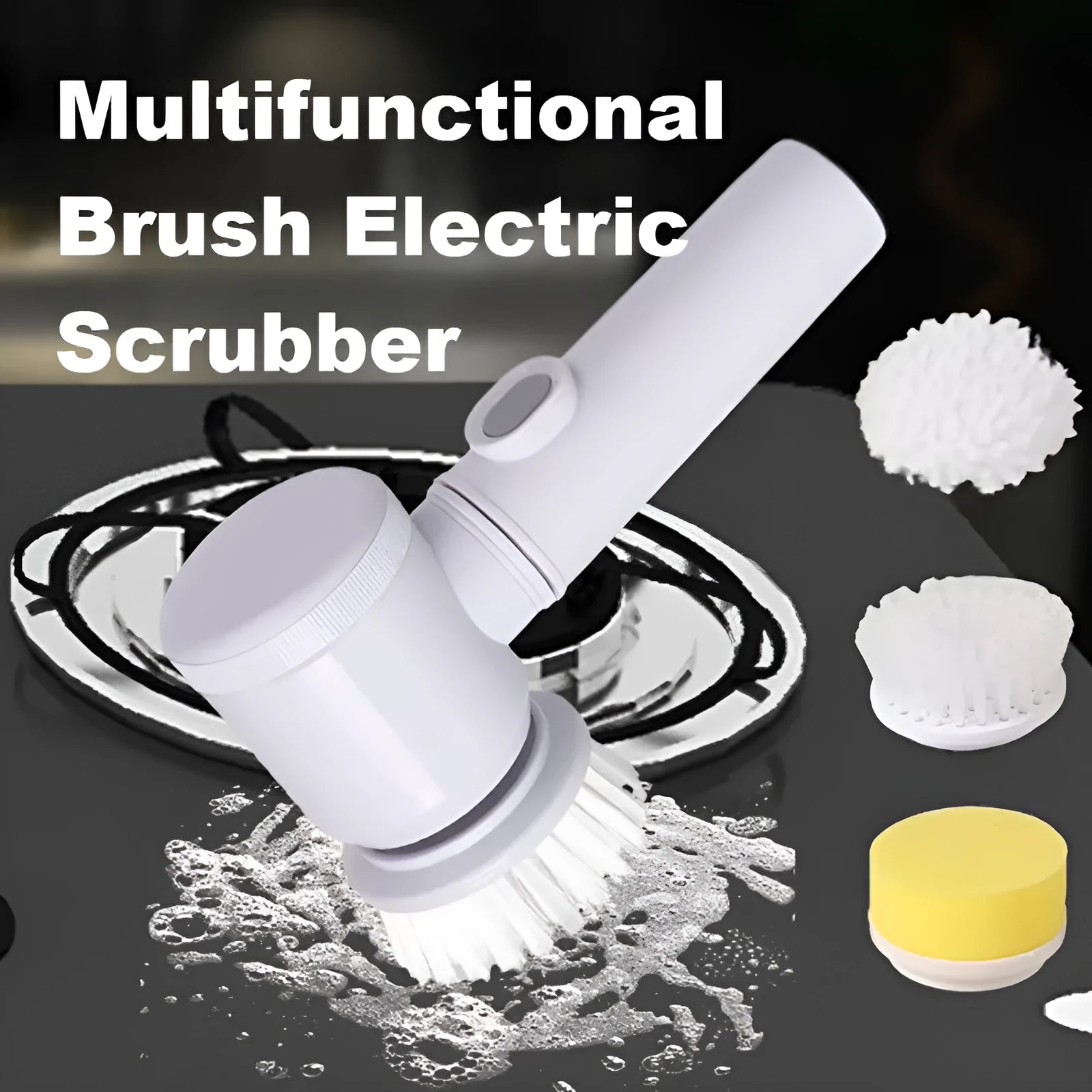 Rechargeable electric kitchen scrubber brush with multiple replaceable brush heads for cleaning stoves and range hoods