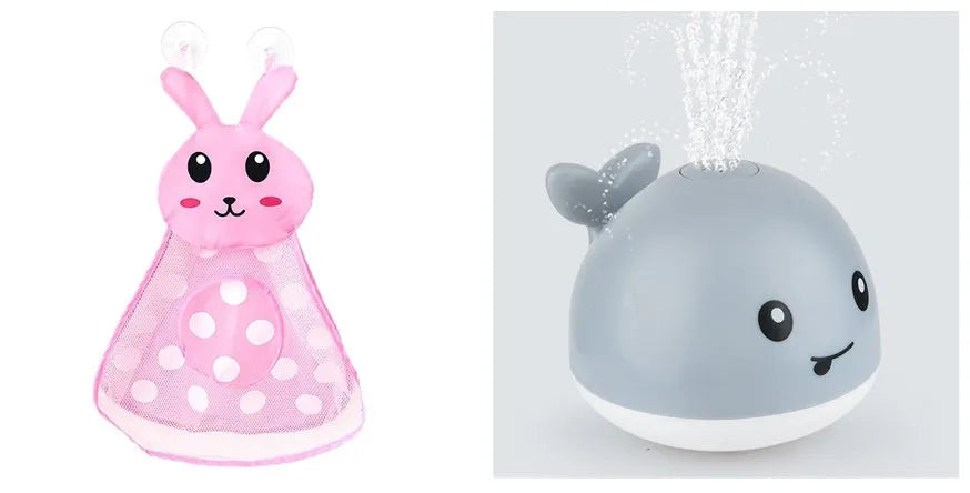 Automatic water spray whale bath toy with lights on a blue base.