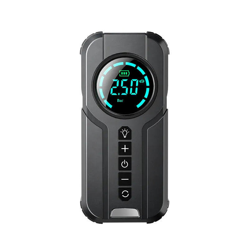 Portable wireless car tyre inflator pump with battery, accessories, and storage bag on a grey background