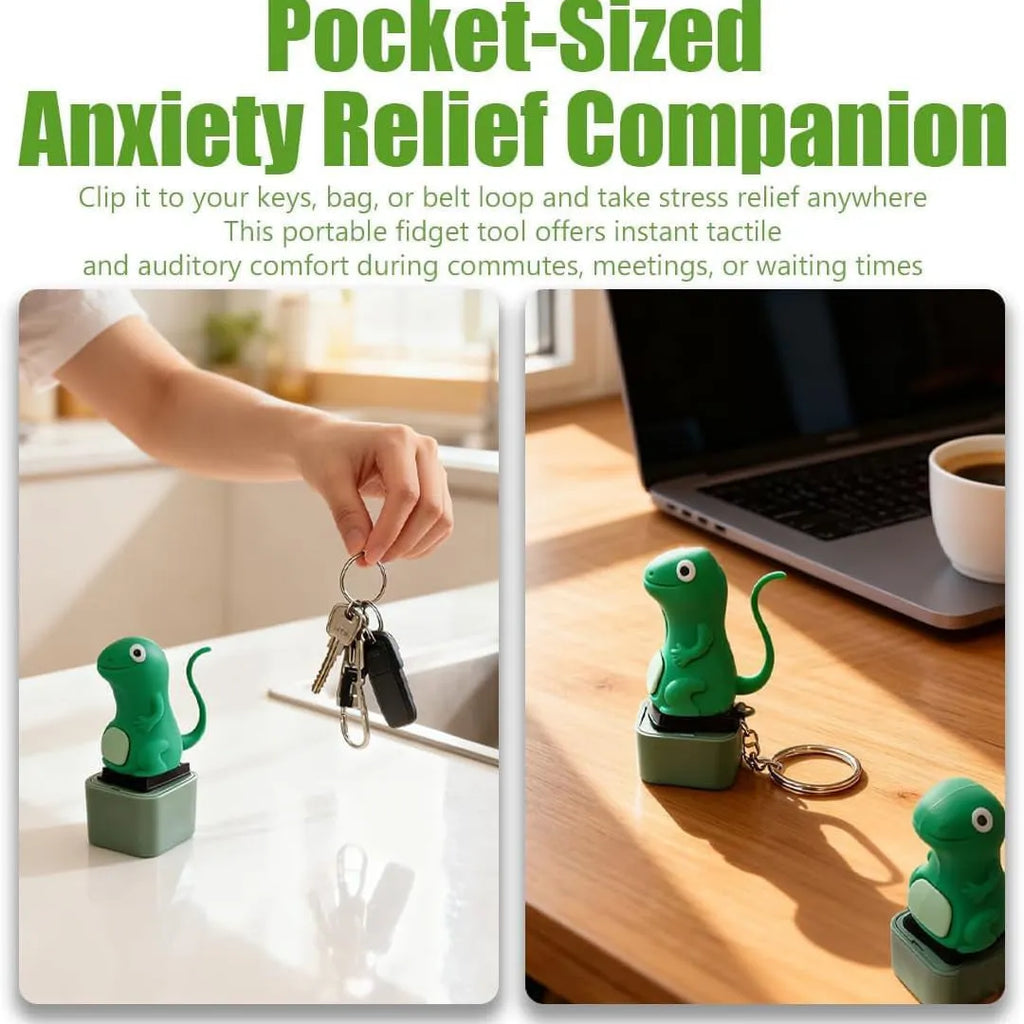Lizard button keychain decompression clicker in PVC, 3 cm x 6.5 cm, green colour, with rechargeable luminous sounding design