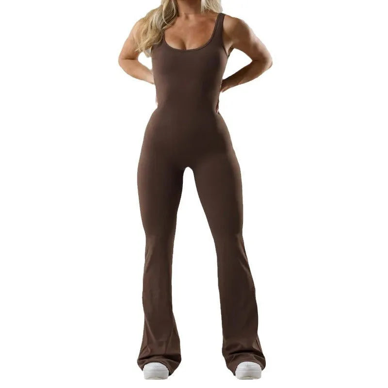 Women's tight seamless yoga jumpsuit in milk silk fabric with a built-in chest pad.
