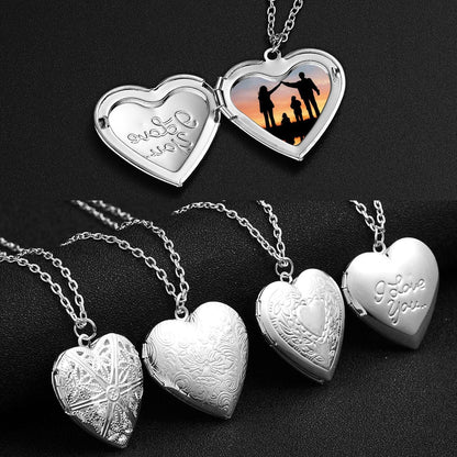 Personalized heart-shaped photo frame necklace in various colors, featuring a unique carved design and a delicate frame to display cherished memories.