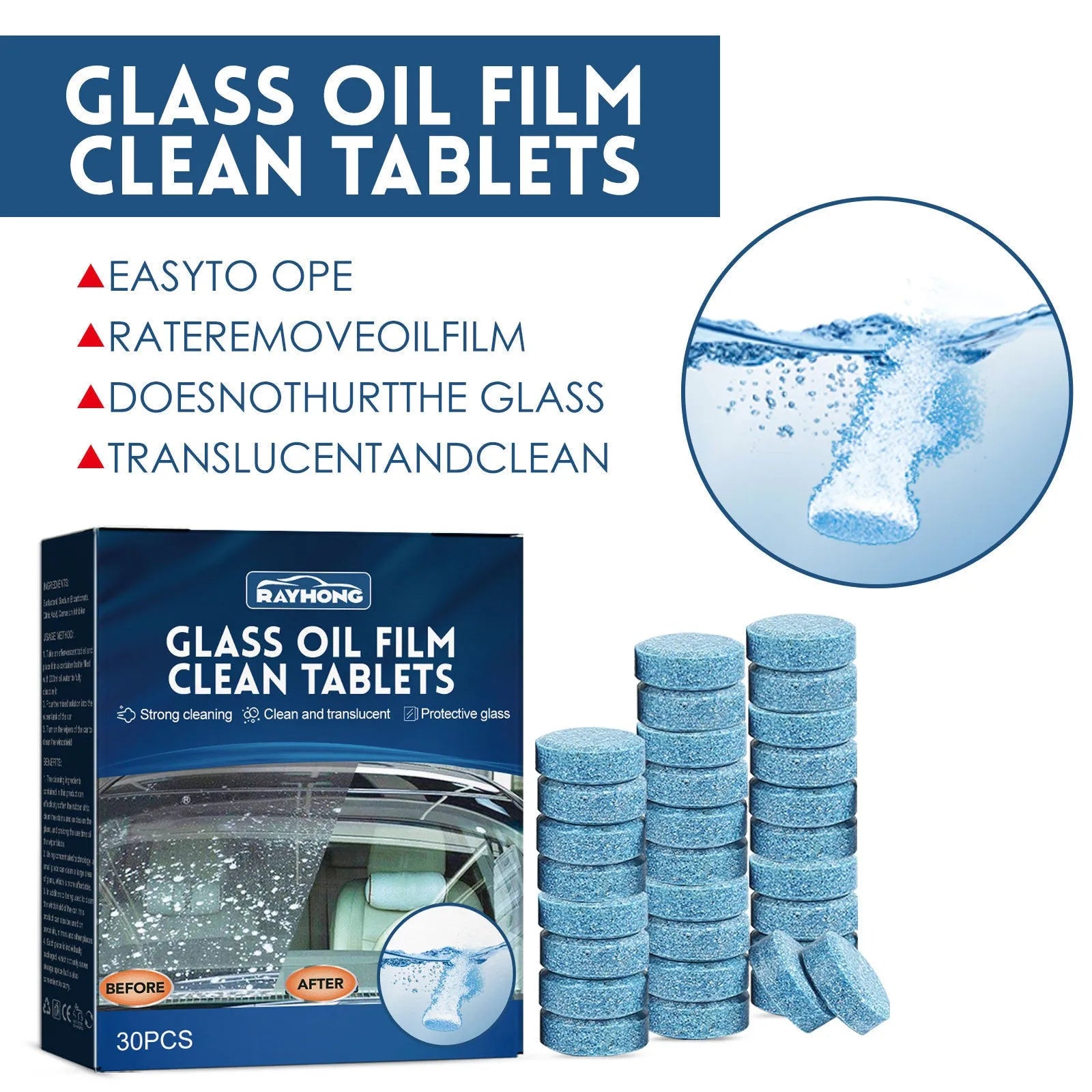 Box containing 30 car oil-removing film cleaning effervescent tablets for windscreen and glass surfaces