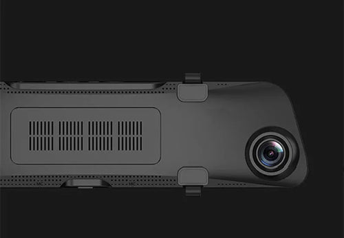 12-inch rearview mirror dash cam with touch screen display showing dual lens recording interface