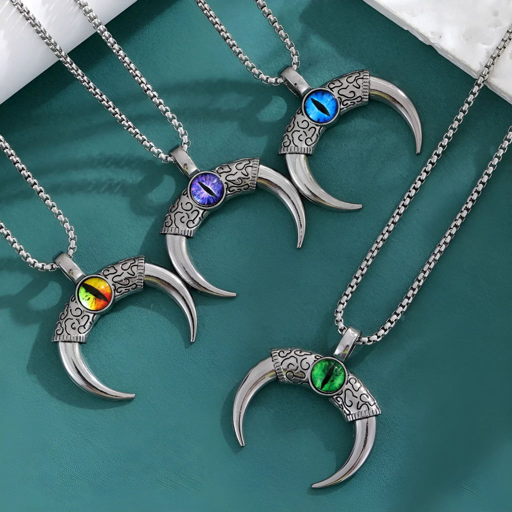 Mighty Bull Horn Devil's Eye Alloy Clavicle Chain necklace, metal pendant on display