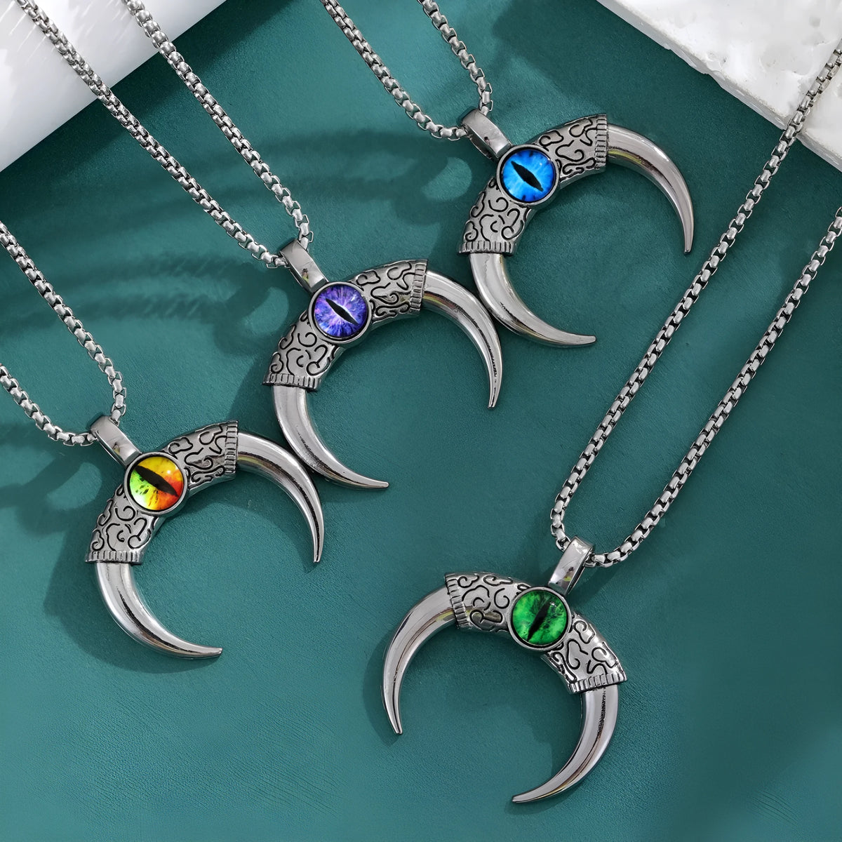 Mighty Bull Horn Devil's Eye Alloy Clavicle Chain necklace, metal pendant on display