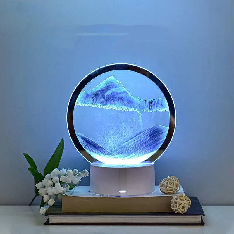 Creative 3D quicksand touch table lamp in blue colour on a wooden surface