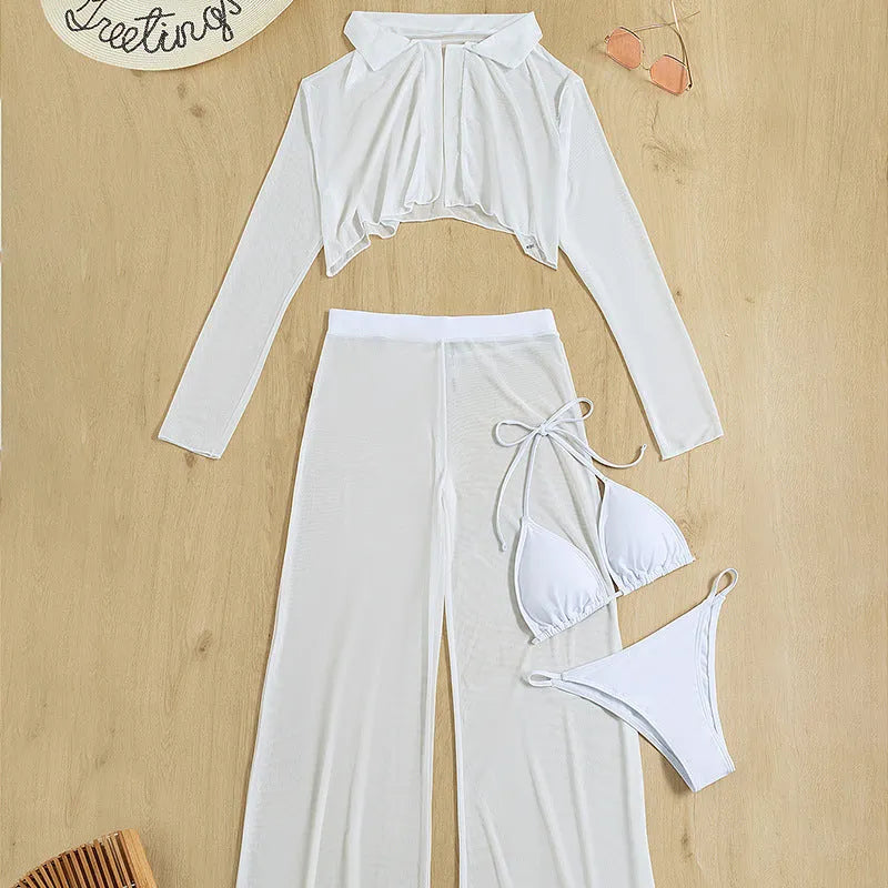 White women's swimsuit four-piece set showing backless top and high-waisted trousers
