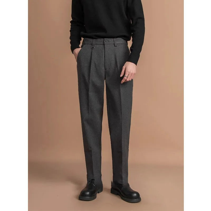 Men's straight-leg trousers in polyester fabric for business casual wear, shown in dark grey colour