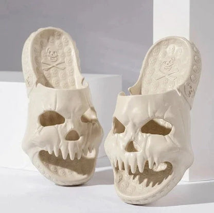 Spooky skull-patterned slide sandals in various colors, perfect for indoor and outdoor wear during the Halloween season