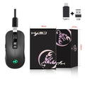 Black ergonomic wireless gaming mouse with multi-colour breathing LED lights on a desk.