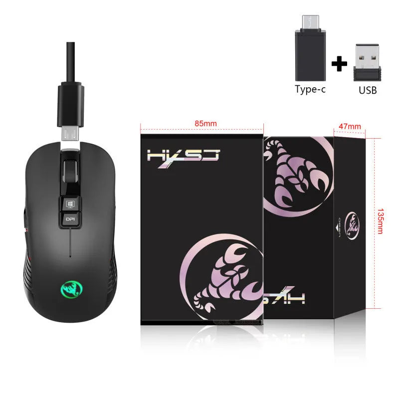 Black ergonomic wireless gaming mouse with multi-colour breathing LED lights on a desk.