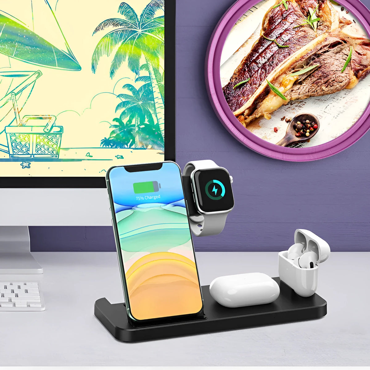 18W folding vertical 4-in-1 wireless charger in black or white, 200x145x22mm, 207g, plastic body