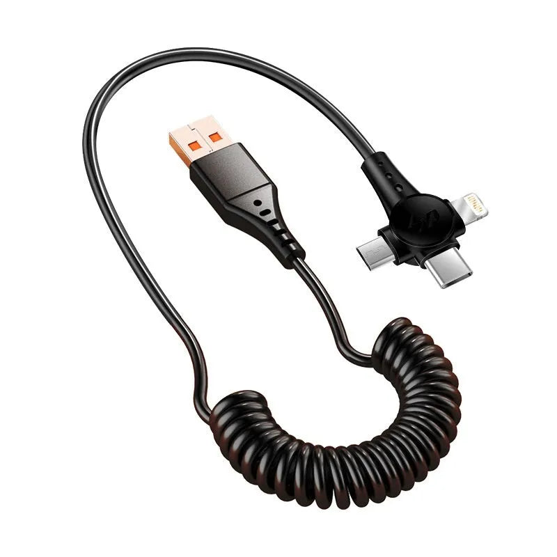 Black telescopic charging cable extended to 1.5 metres with Lightning, Micro USB and Type-C connectors visible