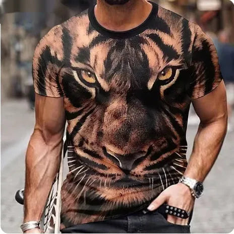 Men's black T-shirt with a fierce 3D lion graphic print on the front.