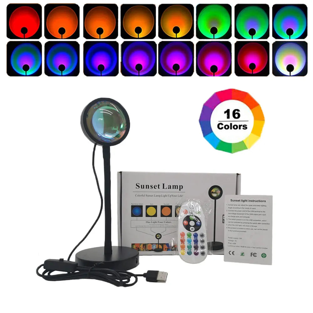 USB desk lamp with rainbow projection, RGB 16-colour LED output, metal lamp holder, and remote control.